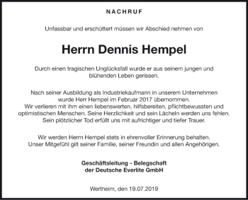 Traueranzeige von Dennis Hempel von Fränkische Nachrichten