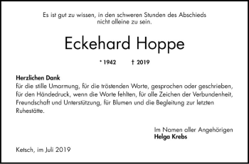 Traueranzeige von Eckehard Hoppe von Schwetzinger Zeitung