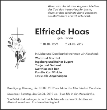 Traueranzeige von Elfriede Haas von Südhessen Morgen
