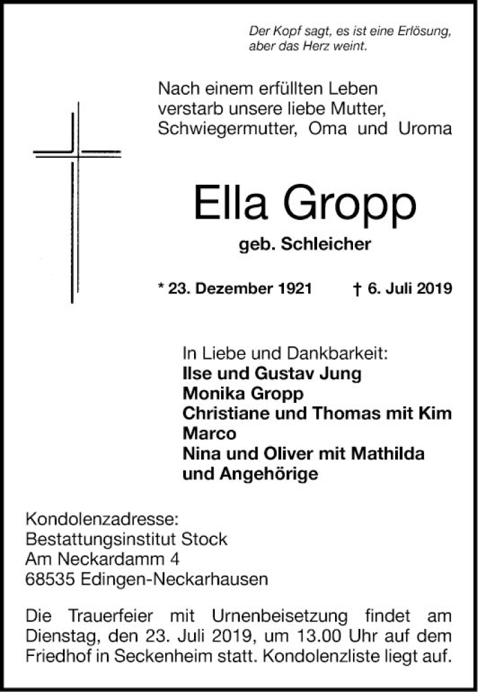  Traueranzeige für Ella Gropp vom 20.07.2019 aus Mannheimer Morgen