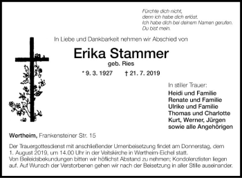 Traueranzeige von Erika Stammer von Fränkische Nachrichten