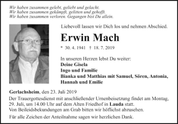 Traueranzeige von Erwin Mach von Fränkische Nachrichten