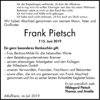 Traueranzeige von Frank Pietsch von Schwetzinger Zeitung