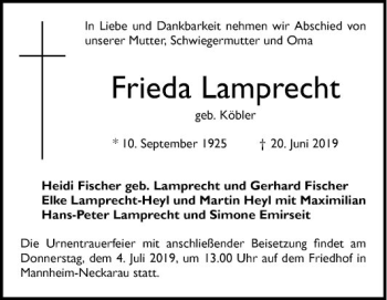 Traueranzeige von Frieda Lamprecht von Mannheimer Morgen