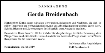 Traueranzeige von Gerda Breidenbach von Fränkische Nachrichten