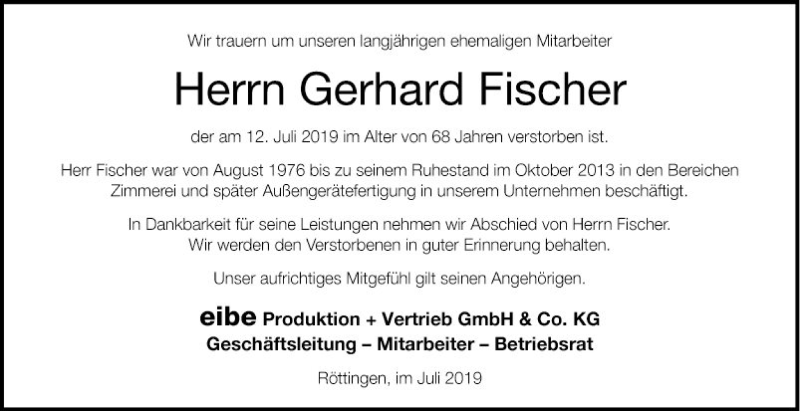  Traueranzeige für Gerhard Fischer vom 25.07.2019 aus Fränkische Nachrichten