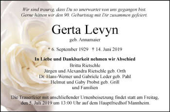 Traueranzeige von Gerta Levyn von Mannheimer Morgen