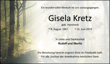 Traueranzeige von Gisela Kretz von Mannheimer Morgen