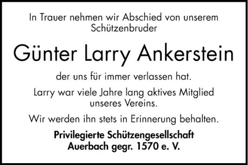  Traueranzeige für Günter Larry Ankerstein vom 23.07.2019 aus Bergsträßer Anzeiger