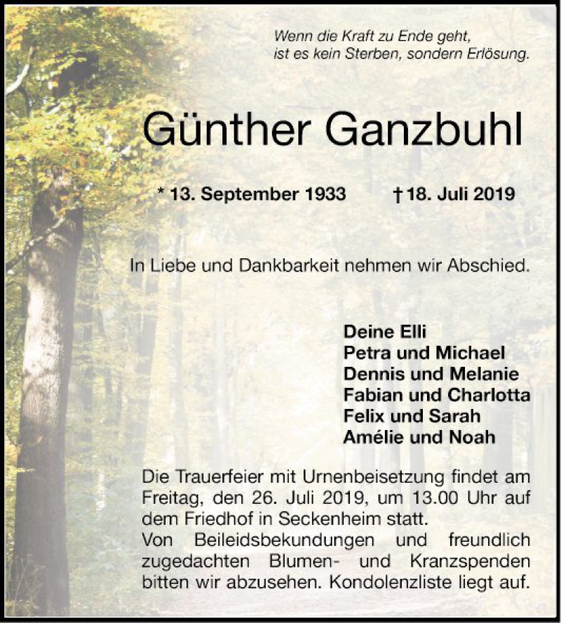  Traueranzeige für Günther Ganzbuhl vom 23.07.2019 aus Mannheimer Morgen