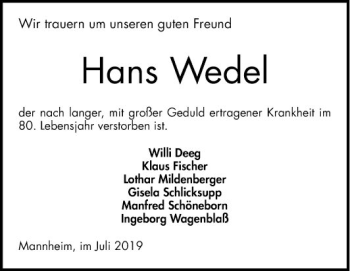 Traueranzeige von Hans Wedel von Mannheimer Morgen