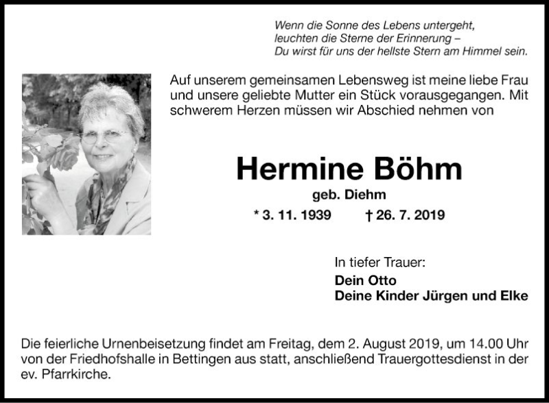  Traueranzeige für Hermine Böhm vom 29.07.2019 aus Fränkische Nachrichten