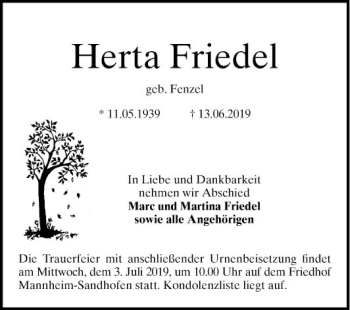 Traueranzeige von Herta Friedel von Mannheimer Morgen