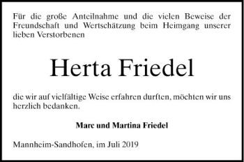 Traueranzeige von Herta Friedel von Mannheimer Morgen