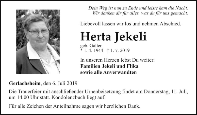  Traueranzeige für Herta Jekeli vom 06.07.2019 aus Fränkische Nachrichten