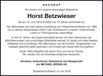 Traueranzeige von Horst Betzwieser von Fränkische Nachrichten