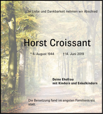 Traueranzeige von Horst Croissant von Schwetzinger Zeitung