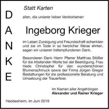 Traueranzeige von Ingeborg Krieger von Mannheimer Morgen