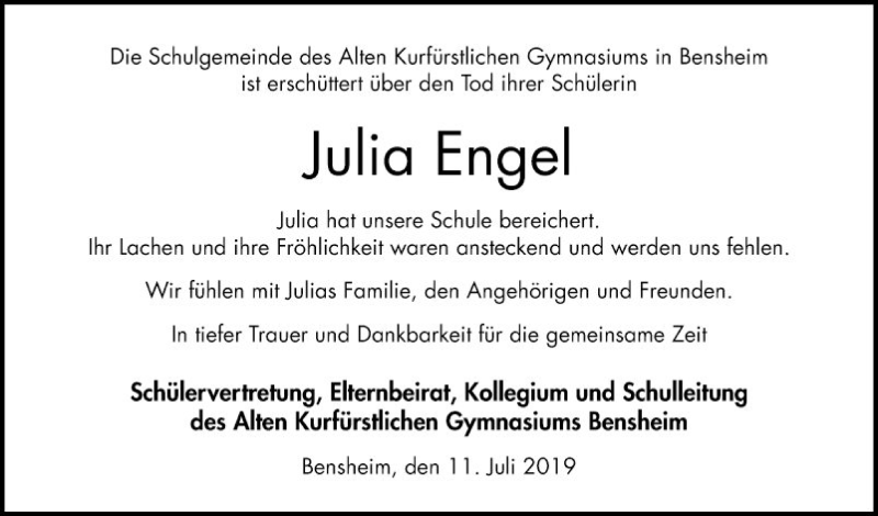  Traueranzeige für Julia  Engel vom 11.07.2019 aus Bergsträßer Anzeiger