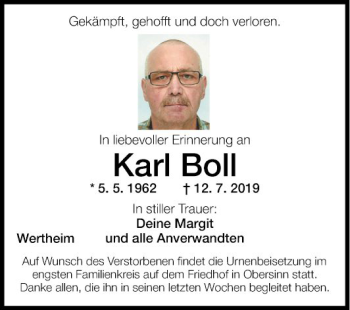 Traueranzeige von Karl Boll von Fränkische Nachrichten