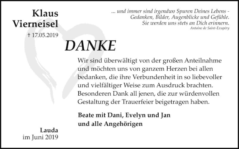  Traueranzeige für Klaus Vierneisel vom 29.06.2019 aus Fränkische Nachrichten