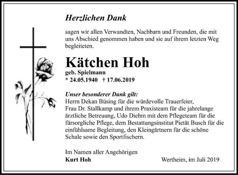  Traueranzeige für Kätchen Hoh vom 20.07.2019 aus Fränkische Nachrichten