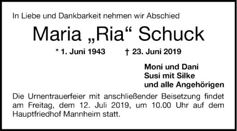  Traueranzeige für Maria  Schuck vom 06.07.2019 aus Mannheimer Morgen