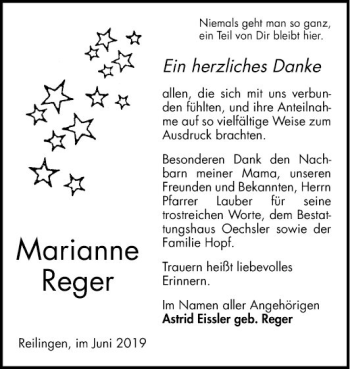 Traueranzeige von Marianne Reger von Schwetzinger Zeitung