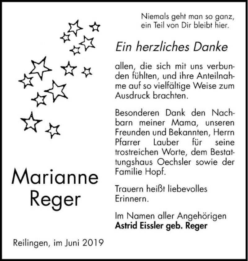  Traueranzeige für Marianne Reger vom 29.06.2019 aus Schwetzinger Zeitung