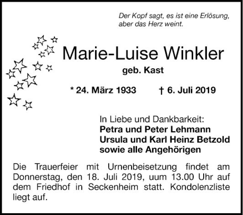  Traueranzeige für Marie-Luise Winkler vom 13.07.2019 aus Mannheimer Morgen