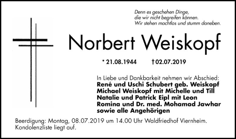  Traueranzeige für Norbert Weiskopf vom 05.07.2019 aus Südhessen Morgen