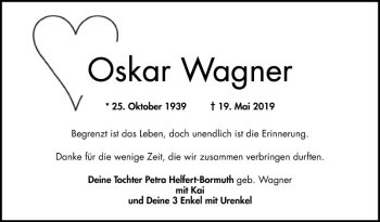 Traueranzeige von Oskar Wagner von Bergsträßer Anzeiger