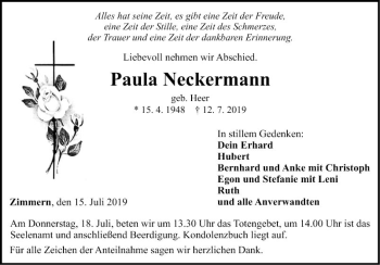 Traueranzeige von Paula Neckermann von Fränkische Nachrichten