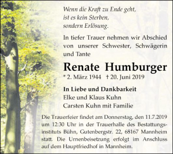 Traueranzeige von Renate Humburger von Mannheimer Morgen