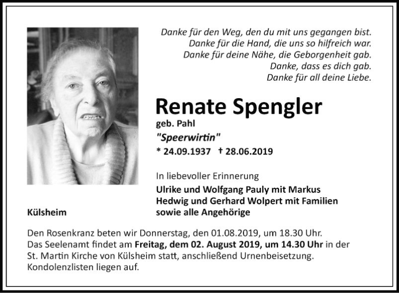  Traueranzeige für Renate Spengler vom 27.07.2019 aus Fränkische Nachrichten