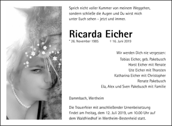 Traueranzeige von Ricarda Eicher von Fränkische Nachrichten