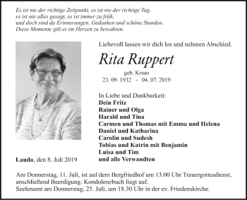 Traueranzeige von Rita Ruppert von Fränkische Nachrichten