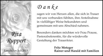 Traueranzeige von Rita Ruppert von Fränkische Nachrichten