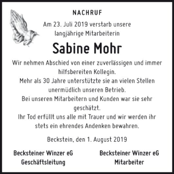 Traueranzeige von Sabine Mohr von Fränkische Nachrichten