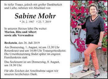 Traueranzeige von Sabine Mohr von Fränkische Nachrichten