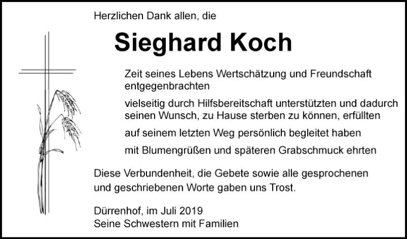  Traueranzeige für Sieghard Koch vom 27.07.2019 aus Fränkische Nachrichten