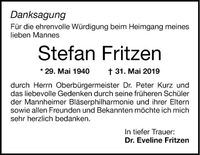  Traueranzeige für Stefan Fritzen vom 06.07.2019 aus Mannheimer Morgen