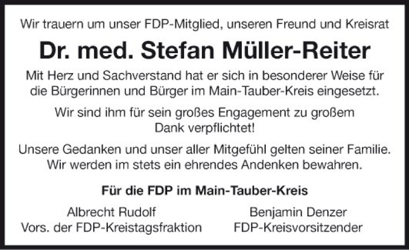  Traueranzeige für Stefan Müller-Reiter vom 25.07.2019 aus Fränkische Nachrichten