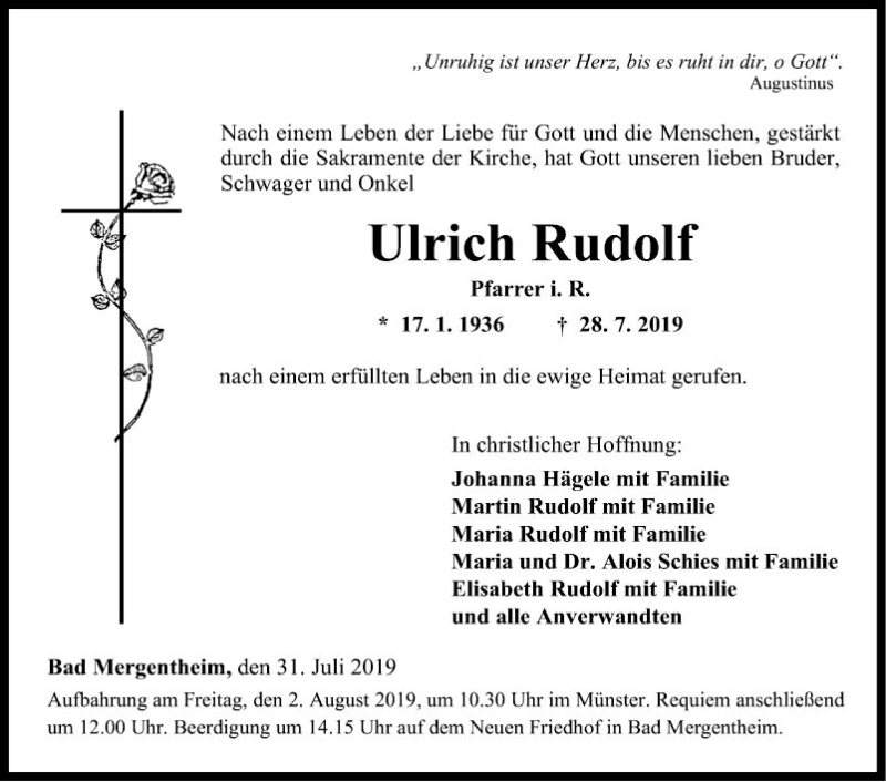 Traueranzeige für Ulrich Rudolf vom 31.07.2019 aus Fränkische Nachrichten