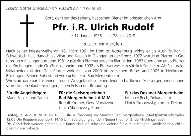  Traueranzeige für Ulrich Rudolf vom 01.08.2019 aus Fränkische Nachrichten