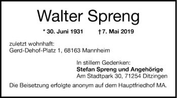 Traueranzeige von Walter Spreng von Mannheimer Morgen