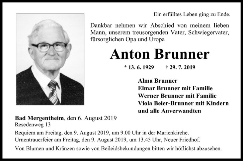  Traueranzeige für Anton Brunner vom 06.08.2019 aus Fränkische Nachrichten