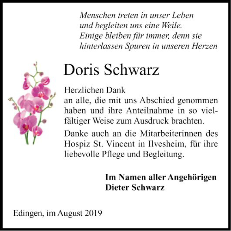  Traueranzeige für Doris Schwarz vom 17.08.2019 aus Mannheimer Morgen