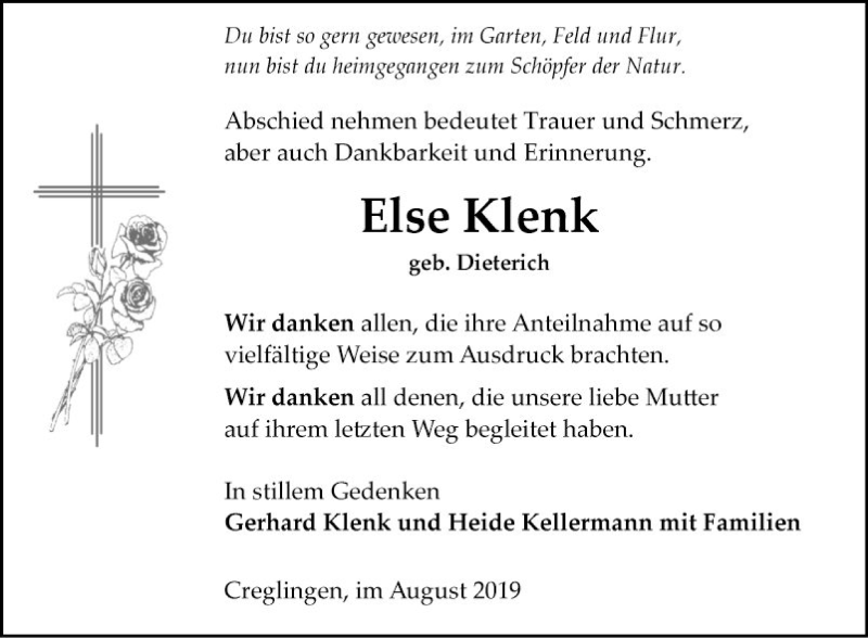  Traueranzeige für Else Klenk vom 30.08.2019 aus Fränkische Nachrichten