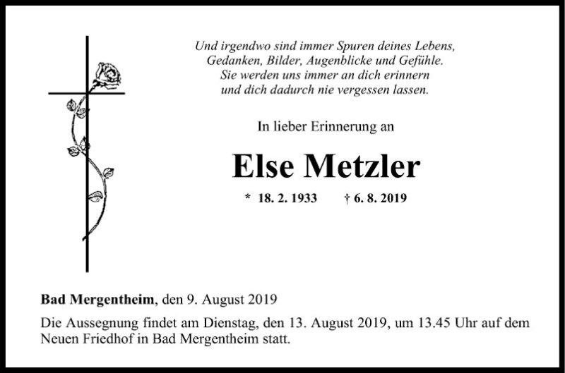 Traueranzeige für Else Metzler vom 09.08.2019 aus Fränkische Nachrichten